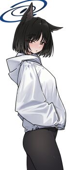 animal_ears black_eyes black_hair black_pants blue_archive blue_halo cat_ears cat_girl guwall halo highres hood hoodie kikyou_(blue_archive) medium_hair no_tail pants simple_background solo white_background white_hoodie yoga_pants