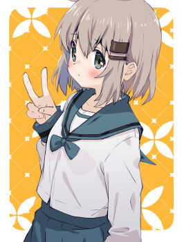 1girl akayama_yukihe blush brown_hair collarbone fingernails green_eyes highres school_uniform short_hair solo v yama_no_susume yukimura_aoi