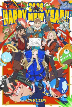 2026 barefoot blanka-chan blue_coat capcom coat commentary_request company_connection diana_(pragmata) e._honda geo_stelar_(mega_man) grace_ashcroft happy_new_year helmet highres holding holding_sword holding_weapon horse hugh_williams looking_at_viewer m._bison mega_man_(series) mega_man_star_force_(series) miyamoto_musashi_(onimusha) monster_hunter_stories_3:_twisted_reflection new_year official_art onimusha:_way_of_the_sword pragmata rathalos resident_evil resident_evil_requiem spacesuit star_force_mega_man street_fighter street_fighter_6 sword weapon