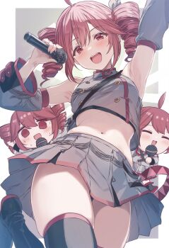 1girl ahoge black_skirt black_thighhighs blush breasts chibi closed_eyes collared_shirt commentary_request cutlass_(classic_chocolate) detached_sleeves drill_hair highres holding holding_microphone kasane_teto kasane_teto_(sv) looking_at_viewer microphone navel open_mouth pleated_skirt red_eyes red_hair shirt skirt small_breasts solo stomach sweatdrop synthesizer_v thighhighs twin_drills utau