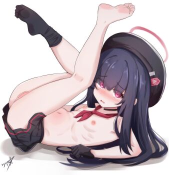 1girl absurdres belly beret black_choker black_gloves black_hair black_hat black_skirt black_socks blue_archive blush boppin choker cleft_of_venus commentary dot_nose feet female_focus full_body gloves halo hat highres justice_task_force_member_(blue_archive) legs legs_up loli long_hair looking_at_viewer lying miniskirt navel neckerchief nipples no_panties no_shoes nose_blush on_back parted_lips pink_eyes pleated_skirt pussy red_halo red_neckerchief simple_background single_bare_foot single_sock skirt socks soles solo toes topless_female uncensored white_background