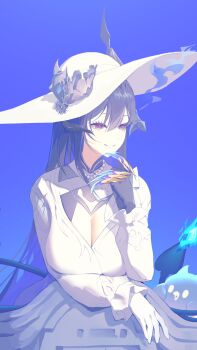 1girl absurdres asymmetrical_horns black_hair blue_hair breasts colored_inner_hair constance_(honkai:_star_rail) constance_(honkai:_star_rail)_(cosplay) cosplay demon_horns dress flower frilled_sleeves frills gloves hat hat_flower highres hololive hololive_english horns horns_through_headwear large_breasts long_hair mole mole_under_eye multicolored_hair nerissa_ravencroft puffy_sleeves red_eyes thekaiyip virtual_youtuber white_dress white_gloves white_hat