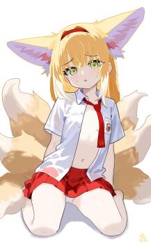 1girl absurdres animal_ear_fluff animal_ears arknights bad_id bad_pixiv_id blonde_hair breasts commentary english_commentary fox_ears fox_girl fox_tail green_eyes highres indonesian_elementary_school_uniform long_hair multiple_tails necktie open_clothes open_shirt panties priquetrum red_skirt school_uniform sidelocks sitting skirt small_breasts solo suzuran_(arknights) sweat tail underwear wariza white_background white_panties