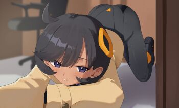 1girl absurdres aged_up all_fours ass black_bodysuit black_hair black_shoes blurry blurry_background blush bodysuit bodysuit_under_clothes brown_jacket chair cowlick d_(delt4) dark-skinned_female dark_skin emma_(pokemon) hair_between_eyes hair_ornament hands_on_ground highres indoors jacket latex latex_bodysuit looking_at_viewer nintendo parted_lips pokemon pokemon_legends:_z-a purple_eyes shadow shoes short_hair sidelocks solo swept_bangs top-down_bottom-up