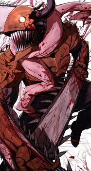 Rule 34 | 1boy, alternate form, arm blade, armor, blood, bloody weapon, chainsaw, chainsaw man, demon boy, demon horns, denji (chainsaw man), glowing, glowing eye, highres, horns, intestine clothing, male focus, monster boy, omegaa 7, orange armor, pink scarf, scarf, sharp teeth, solo, teeth, upper body, weapon