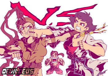 Rule 34 | 1boy, 2girls, absurdres, bandaged arm, bandages, bandana, barefoot, battle, belt, black belt, black hair, bow, breasts, brown eyes, brown hair, cleavage, clenched hand, clenched teeth, devildeus, dougi, fingerless gloves, gloves, hands on own cheeks, hands on own face, hibiki dan, highres, ibuki (street fighter), jaw drop, karate gi, kunai, makoto (street fighter), multiple girls, muscular, muscular male, neck ribbon, ninja, pants, pink pants, pink shirt, pink uniform, ponytail, punching, red sports bra, ribbon, shirt, short hair, sports bra, street fighter, tearing up, teeth, toned, toned female, tongue, tongue out, torn clothes, torn sleeves, waist bow, weapon, white shirt, yellow ribbon