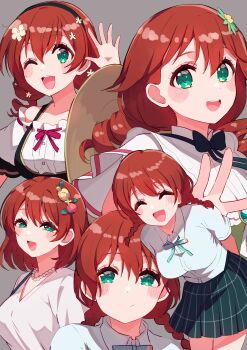 Rule 34 | 1girl, :d, absurdres, black bow, black bowtie, blue shirt, bow, bowtie, braid, brown hair, closed mouth, commentary, cream (nipakupa), dirndl, dress, drill hair, emma verde, evergreen (love live!), flower, freckles, german clothes, green dress, green eyes, green ribbon, green skirt, grey background, hair flower, hair ornament, highres, la bella patria (love live!), long hair, looking at viewer, love live!, love live! nijigasaki high school idol club, low drills, low twin braids, miniskirt, multiple views, neck ribbon, nijigasaki school uniform, open mouth, pink flower, pleated skirt, ribbon, school uniform, shirt, simple background, skirt, smile, summer uniform, twin braids, twin drills, v-neck, white shirt, yellow flower