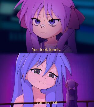 2girls blade_runner_(series) blade_runner_2049 blue_hair green_eyes highres hiiragi_kagami izumi_konata lucky_star meme mole mole_under_eye multiple_girls nude prizraktoski purple_hair scene_reference science_fiction you_look_lonely_(meme)