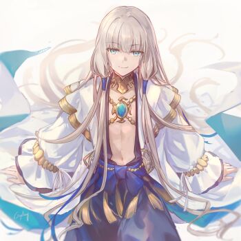1boy androgynous black_robe blonde_hair blue_eyes blue_gemstone blue_sash blunt_bangs blurry chinese_commentary closed_mouth commentary_request csyday depth_of_field fate/grand_order fate_(series) gem gold_trim grey_background hair_tubes highres jewelry linea_alba long_hair long_sidelocks long_sleeves looking_at_viewer low-tied_sidelocks male_focus navel neck_ring noah_(third_ascension)_(fate) open_clothes open_robe robe sash sidelocks signature simple_background sitting smile solo tassel very_long_hair white_robe