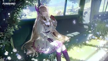 1girl 1other absurdres arm_up black_gloves black_socks closed_mouth collared_dress commentary copyright_name dress english_commentary feet_out_of_frame flower frilled_skirt frills gloves headgear highres liv:_eclipse_(pgr) liv_(pgr) long_sleeves looking_up multicolored_hair name_tag official_art overgrown pink_eyes pink_streaks punishing:_gray_raven sheep sitting skirt socks solo_focus streaked_hair striped_clothes train_interior vertical-striped_clothes white_dress white_flower white_hair