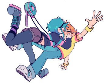 blue_hair blupixl blush closed_eyes denim falling goggles goggles_on_head hands_on_another&#039;s_face inline_skates jeans kiss official_style orange_hair pants pantyhose ramona_flowers roller_skates scott_pilgrim scott_pilgrim_(series) short_shorts shorts skates wrist_cuffs