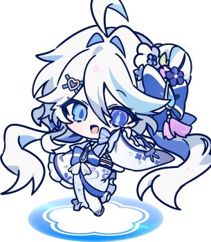 1girl :d ahoge alternate_costume blue_bow blue_eyes bow chibi commentary_request datsha furina_(genshin_impact) genshin_impact hair_intakes heterochromia highres japanese_clothes kimono korean_commentary long_hair looking_at_viewer open_mouth simple_background smile solo very_long_hair white_background white_hair white_kimono