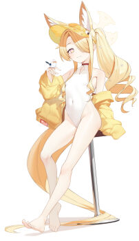 1girl absurdres animal_ear_fluff animal_ears bare_legs bare_shoulders barefoot bird bird_on_hand blue_archive blush breasts closed_mouth commentary_request covered_navel cross_halo diamond_cutout extra_ears feet fingernails fox_ears fox_girl fox_tail full_body hair_over_one_eye halo hand_up highleg highleg_one-piece_swimsuit highres jacket legs loli long_hair long_sleeves looking_at_viewer mokuren_(mozukukirai88) off_shoulder official_alternate_costume one-piece_swimsuit one_eye_covered orange-tinted_eyewear pink_eyes seia_(blue_archive) seia_(swimsuit)_(blue_archive) side_ponytail sidelocks simple_background sitting small_breasts smile solo stool sunglasses swimsuit tail thighs tinted_eyewear tit_(bird) toenails toes very_long_hair very_long_tail visor_cap white_background white_one-piece_swimsuit yellow_halo yellow_jacket yellow_visor