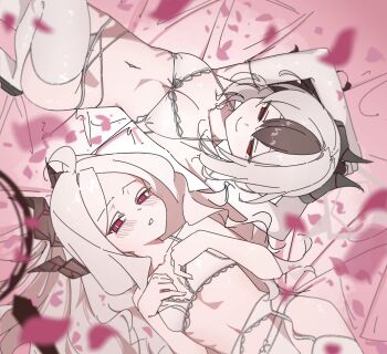 2girls blue_archive blurry blurry_foreground blush bra breasts commentary_request depth_of_field elbow_gloves gloves half-closed_eyes halo highres hina_(blue_archive) horns kayoko_(blue_archive) light_smile lingerie long_hair looking_at_viewer looking_to_the_side multicolored_hair multiple_girls petals pink_petals red_eyes rotational_symmetry small_breasts thighhighs two-tone_hair underwear white_bra white_hair white_thighhighs yakinasubi