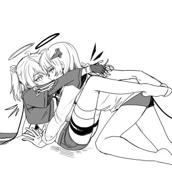 2girls arknights between_legs blush commentary demon_horns demon_tail earclip energy_wings exusiai_(arknights) fingerless_gloves gloves halo highres horns mewem333 mostima_(arknights) multiple_girls open_mouth smile symbol-only_commentary tail thigh_strap thighhighs yuri