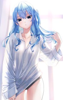 1girl absurdres alternate_costume black_panties blue_eyes blue_hair blue_nails breasts collared_shirt commentary_request cowboy_shot curtains empty_eyes hair_between_eyes hand_in_own_hair head_tilt highres hinata_habi hololive hoshimachi_suisei indoors long_hair long_sleeves looking_at_viewer no_pants panties see-through_clothes see-through_shirt shirt signature skindentation small_breasts solo standing underwear virtual_youtuber white_shirt window