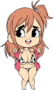 animal_print bare_shoulders barefoot bikini bow breasts chibi cleavage cleft_of_venus cow_print cow_print_bikini dead_or_alive female_focus hair_ornament highres honoka_(doa) jacket jacket_over_swimsuit large_breasts midriff navel pink_hair print_bikini side_ponytail skull_hair_ornament swimsuit teevo underboob