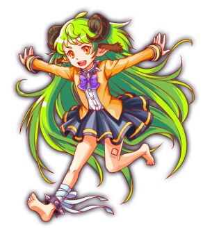 1girl anime_coloring artist_request bandaged_ankle bare_legs barefoot behemoth_(crash_fever) big_hair black_collar black_skirt bow brown_fur brown_horns coat collar crash_fever curled_horns dress_shirt flat_chest full_body game_cg horizontal-striped_skirt horns leg_tattoo long_hair long_sleeves looking_at_viewer miniskirt number_tattoo numbered official_art open_clothes open_coat open_hands open_mouth orange_eyes outline pleated_skirt pointy_ears purple_bow red_outline running sheep_horns shirt shirt_tucked_in short_eyebrows simple_background single_horizontal_stripe skirt sleeve_cuffs solo spiked_anklet spiked_collar spikes square square_tattoo striped_clothes striped_skirt tachi-e tattoo teeth third-party_source toes tongue transparent_background upper_teeth_only very_long_hair white_collar white_shirt wing_collar yellow_coat yellow_sleeves