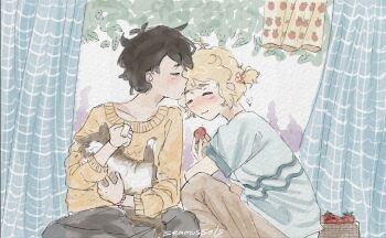 Rule 34 | 2boys, alternate costume, alternate hairstyle, animal, antenna hair, artist name, basil (faraway) (omori), basil (omori), black pants, blush, bracelet, brown pants, brown sweater, cat, closed eyes, closed mouth, commentary, english commentary, green shirt, highres, holding, holding animal, holding cat, jewelry, long sleeves, male focus, multiple boys, omori, pants, seamussels, shirt, short hair, short sleeves, smile, sunny (omori), sweater, t-shirt, yaoi