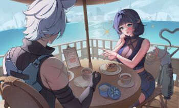 1boy 1girl animal_ears black_gloves black_hair black_shorts blue_eyes blush bracelet breasts cat_boy cat_ears chair cleavage commentary commission cup english_commentary fur-trimmed_jacket fur_trim gift gloves gradient_hair hair_intakes highres holding holding_cup ibbychan jacket jane_doe_(zenless_zone_zero) jewelry large_breasts mouse_ears mouse_girl mouse_tail multicolored_hair notched_ear on_chair open_mouth plate police police_uniform policeman red_hair scar scar_on_shoulder seth_lowell sharp_tail short_hair shorts sitting sparkle spoon table tail unworn_jacket water white_hair zenless_zone_zero