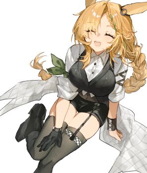 Rule 34 | 1girl, absurdres, animal ears, arknights, black boots, black shorts, black vest, blonde hair, boots, braid, braided ponytail, breasts, closed eyes, collared shirt, commentary request, ear ornament, facing viewer, foot out of frame, fumi (rdbm), garter straps, highres, kroos (arknights), kroos the keen glint (arknights), large breasts, long hair, official alternate costume, open mouth, rabbit ears, rabbit girl, shirt, shorts, simple background, single garter strap, smile, solo, teeth, thighhighs, upper teeth only, vest, white background, white shirt