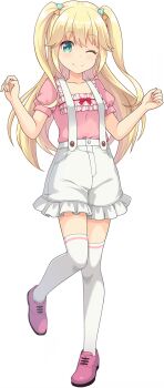 1girl ;) blonde_hair blush bow breasts closed_mouth diagonal-striped_bow dot_nose frilled_shirt frills fujisawa_yuzu full_body game_cg green_bow green_eyes hair_bow hands_up highres long_hair looking_at_viewer non-web_source official_art one_eye_closed ongeki orange_bow pants pink_shirt pink_shoes red_bow shirt shoes short_sleeves simple_background small_breasts smile solo split_mouth standing standing_on_one_leg striped_bow thighhighs transparent_background twintails two-tone_bow white_pants white_suspenders white_thighhighs