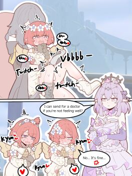 5girls absurdres age_difference asymmetrical_footwear blue_eyes blush bow braid brown_gloves castorice_(honkai:_star_rail) detached_sleeves dress drooling english_text flower gloves grey_hair hair_between_eyes hair_bow hair_flower hair_ornament hair_over_one_eye hairband heart highres honkai:_star_rail honkai_(series) loli long_hair medium_hair mismatched_footwear multiple_girls naughty_face off_shoulder on_lap outdoors pale_skin physisyoon pointy_ears purple_bow purple_dress purple_eyes purple_hair purple_sleeves red_hair red_ribbon ribbon sex_toy shared_sense short_hair sitting sitting_on_person speech_bubble stelle_(honkai:_star_rail) sweat trailblazer_(honkai:_star_rail) trianne_(honkai:_star_rail) tribbie_(honkai:_star_rail) trinnon_(honkai:_star_rail) vibrator white_dress womb_stimulation wreath yuri