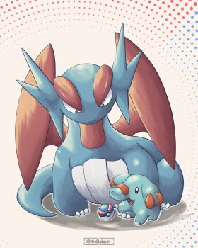 Rule 34 | animal focus, color connection, commentary, dragon, english commentary, gen 2 pokemon, gen 3 pokemon, great ball, highres, making-of available, nintendo, no humans, nostrils, open mouth, phanpy, poke ball, pokemon, pokemon (creature), pokemon focus, salamence, smile, twitter username, vtrebla4ever