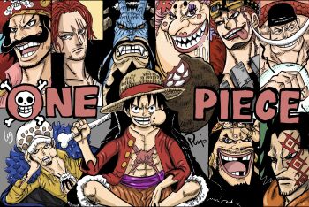 1girl 6+boys abs beard black_hair charlotte_linlin cheek-to-cheek clenched_hands clenched_teeth competition devil_fruit dragon earrings eating edward_newgate eustass_kid everyone evil_grin evil_smile facial_hair facial_tattoo fat fat_woman father_and_son food gol_d._roger grin hat heads_together highres holding holding_food holding_weapon horns jacket jacket_on_shoulders jewelry kaidou_(one_piece) marshall_d._teach mechanical_arms monkey_d._dragon monkey_d._luffy multiple_boys muscular mustache nishiponi oda_eiichirou_(style) official_style old old_man old_woman one_piece onigiri open_clothes open_shirt red_hair saliva scar scar_on_chest scar_on_face serious shanks_(one_piece) sharp_teeth sheath sheathed single_mechanical_arm sitting smile tattoo teeth tongue tongue_out trafalgar_law weapon