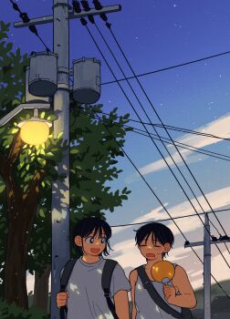 Rule 34 | 1boy, 1girl, backpack, bag, black eyes, black hair, blue sky, bright pupils, cloud, collarbone, day, grey shirt, grey tank top, hand fan, highres, holding, holding fan, lamppost, looking at another, open mouth, original, outdoors, power lines, shirt, short hair, short sleeves, sihyun25, sky, smile, sweatdrop, tank top, tree, white pupils