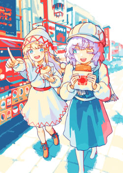 2girls :d adapted_costume beanie blonde_hair blue_eyes blue_skirt blue_vest blurry blurry_background boots brown_boots building newsboy_cap capelet collared_shirt color_banding colored_eyelashes commentary_request contemporary day dot_nose food food_bite food_request food_stand full_body grey_hair hat highres holding holding_food kobe lace-up_boots lapel_pin letty_whiterock lily_white limited_palette long_hair long_sleeves looking_at_another market_stall medium_hair multiple_girls neck_ribbon one_eye_closed open_mouth outdoors pointing pointing_forward pom_pom_(clothes) pom_pom_beanie real_world_location red_ribbon red_trim ribbon scarf shirt shirt_tucked_in skirt sky smile standing touhou vest walking walking_towards_viewer wasabisuke white_boots white_capelet white_hat white_scarf white_shirt white_skirt white_sky zig-zag_pattern