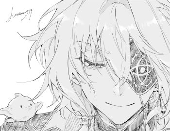 1boy anaxa_(honkai:_star_rail) animal animal_on_shoulder bird close-up commentary_request eyeshadow greyscale hair_between_eyes half-closed_eyes highres honkai:_star_rail honkai_(series) looking_down lv_minus999 makeup male_focus messy_hair monochrome portrait short_hair smile solo twitter_username
