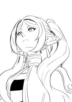 Rule 34 | 1girl, closed mouth, earrings, elf, frieren, from below, greyscale, highres, jewelry, lineart, long hair, looking up, meme, monochrome, oscar fong, pointy ears, shirt, solo, sousou no frieren, striped clothes, striped shirt, teardrop earrings, twintails, upper body, upward angle frieren drawing (meme), white background