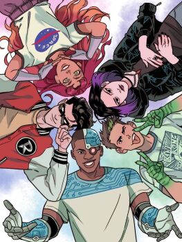 2girls 3boys beast_boy_(dc) couple cyborg_(dc) dc_comics dick_grayson gabriel_picolo garfield_logan happy koriand'r looking_at_viewer multiple_boys multiple_girls rachel_roth raven_(dc) robin_(dc) smile starfire teen_titans victor_stone