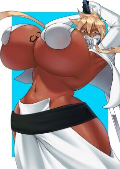 1girl absurdres alternate_breast_size_(larger) armpits arms_up bleach blonde_hair breast_tattoo breasts clothing_cutout curvy dark-skinned_female dark_skin espada female_focus gloves green_eyes highres hip_vent huge_breasts long_hair looking_at_viewer navel simple_background solo stomach strongmoist tattoo tier_harribel wide_hips