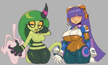 2girls android armor aura black_skin blue_armor blue_eyes blunt_bangs breasts caliginousarts chest_jewel claws colored_sclera colored_skin covered_navel curvy dark-skinned_female dark_skin expressionless fingernails green_hair green_skin hair_over_eyes half-closed_eyes hand_on_own_cheek hand_on_own_face hand_up headset highres hime_cut horns joints large_breasts layer_(mega_man) lizard_tail long_eyelashes long_fingernails long_hair looking_at_viewer mega_man_(series) mega_man_x_(series) mole mole_on_cheek mole_under_eye multicolored_skin multiple_girls nail_polish open_hand orange_lips pear-shaped_figure pink_horns pink_nails powering_up purple_hair robot_ears robot_girl robot_joints sharp_fingernails single_horn sonic_(series) sonic_lost_world striped_horns tail thick_thighs thighs unamused underboob white_armor wide_hips yellow_sclera zeena