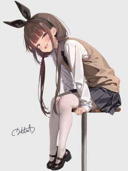 1girl absurdres black_skirt blush bow brown_eyes brown_hair brown_vest full_body hair_bow hairband highres ikuma_yamashita mary_janes necktie original pantyhose school_uniform shoes signature skirt vest white_background white_pantyhose