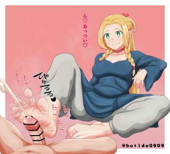 1girl absurdres barefoot blonde_hair blush butida0909 clothed_female_nude_male cum dungeon_meshi ejaculation feet footjob green_eyes highres long_hair marcille_donato nude pointy_ears smile soles toes translated