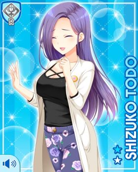 1girl alternate_costume black_shirt blue_background breasts button card character_name cleavage closed_eyes cup female_focus girlfriend_(kari) jacket laughing long_hair looking_at_viewer matching_hair/eyes official_art open_mouth pants purple_eyes purple_hair purple_pants qp:flapper shirt smile solo standing tagme teacher todo_shizuko white_jacket