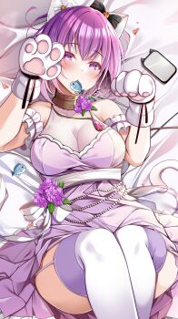 1girl absurdres animal_ears animal_hands bed_sheet black_bow blush bow breasts cat_ears cellphone cleavage collarbone commentary_request dress fake_animal_ears flower garter_straps gloves good_thighs_day hair_bow hashtag-only_commentary highres looking_at_viewer lying medium_breasts mouth_hold on_back origami_aya original paw_gloves paw_pose phone purple_dress purple_eyes purple_flower purple_hair purple_thighhighs ribbon short_hair smartphone solo thighhighs white_garter_straps white_ribbon white_thighhighs