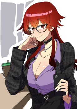 1girl absurdres black_choker black_jacket blush breasts cafe cellphone choker cleavage collared_shirt dola_(7th_costume)_(nijisanji) dola_(nijisanji) glasses hair_between_eyes hand_on_own_cheek hand_on_own_face head_rest highres jacket jewelry large_breasts long_hair long_sleeves looking_at_viewer nijisanji open_clothes open_jacket phone purple_shirt red_eyes red_hair shirt skirt smartphone smile solo table tsuukon_(tukonn) unbuttoned unbuttoned_shirt virtual_youtuber