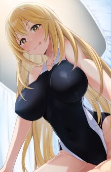 1girl :q black_one-piece_swimsuit blonde_hair breasts collarbone commentary_request from_below hair_between_eyes highleg highleg_one-piece_swimsuit highres indoors k3rd large_breasts long_hair looking_at_viewer one-piece_swimsuit paid_reward_available shokuhou_misaki solo sparkling_eyes swimsuit toaru_kagaku_no_railgun toaru_majutsu_no_index tokiwadai_school_swimsuit tongue tongue_out two-tone_one-piece_swimsuit very_long_hair white_one-piece_swimsuit yellow_eyes