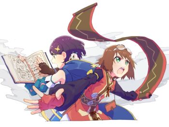 2girls :o azuma_yukihiko back-to-back bird black_hair book brown_gloves brown_hair commentary_request detached_sleeves fingerless_gloves gloves goggles goggles_on_head green_eyes highres holding holding_book holding_scroll hootle_(tales) long_sleeves multiple_girls open_book owl red_gloves rinwell_(tales) rita_mordio scroll short_hair tales_of_(series) tales_of_arise tales_of_vesperia teeth upper_teeth_only