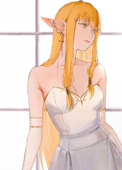 1girl alternate_costume armpit_crease blonde_hair breasts collarbone commentary cross cross_earrings dress earrings elbow_gloves elf gloves highres hypnotic9876 jewelry long_hair looking_to_the_side medium_breasts pointy_ears revision serie_(sousou_no_frieren) solo sousou_no_frieren straight_hair strapless strapless_dress very_long_hair white_dress white_gloves