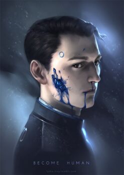 1boy android black_eyes black_hair black_jacket blood blood_from_mouth blood_on_cheek blood_on_face blue_blood closed_mouth commentary connor_(detroit) detroit:_become_human from_side grey_background hashtag-only_commentary jacket looking_at_viewer lydialing_draws male_focus portrait realistic short_hair short_sideburns solo very_short_hair