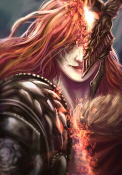 1girl burn_scar closed_mouth elden_ring closed_eyes facing_viewer helmet highres light_smile long_hair malenia_blade_of_miquella malenia_goddess_of_rot moonlit_isles prosthesis prosthetic_arm red_hair scar smile solo split_screen upper_body winged_helmet