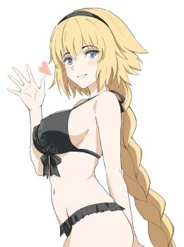 Rule 34 | arm behind back, bikini, black bikini, black bow, black hairband, blue eyes, blush, bow, braid, breasts, commentary, english commentary, fate/grand order, fate (series), frilled bikini, frills, hairband, heart, highres, jeanne d'arc (fate), jeanne d'arc (swimsuit archer) (first ascension) (fate), long hair, looking at viewer, navel, ruledpage, sideboob, swimsuit, waving