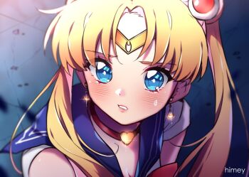 1girl artist_name bishoujo_senshi_sailor_moon bishoujo_senshi_sailor_moon_s blonde_hair blue_eyes blue_sailor_collar blush breasts choker circlet commentary crescent crescent_earrings derivative_work double_bun earrings english_commentary glint hair_bun hair_over_shoulder heart heart_choker himey jewelry long_hair looking_at_viewer magical_girl meme parted_bangs parted_lips red_choker sailor_collar sailor_moon sailor_moon_redraw_challenge_(meme) sailor_senshi_uniform screenshot_redraw solo sweatdrop tsukino_usagi twintails upper_body