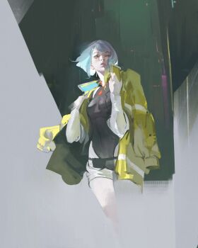 1girl absurdres aqua_hair black_leotard breasts covered_navel cowboy_shot cyberpunk:_edgerunners cyberpunk_(series) cyborg eyeliner hands_up highres jacket kanji_(nievart) leotard lips looking_to_the_side lucy_(cyberpunk) makeup medium_hair open_clothes open_jacket red_eyeliner solo yellow_jacket