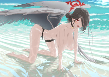 1girl :d absurdres all_fours barefoot beach bikini bikini_bottom_only black_bikini black_choker black_hair blue_archive breasts caustics choker commentary_request day eyes_visible_through_hair full_body grey_wings hair_bun hair_over_one_eye halo hanging_breasts hasumi_(blue_archive) hasumi_(swimsuit)_(blue_archive) highres huge_breasts inverted_nipples long_bangs long_hair looking_at_viewer meganeura224 nipples ocean open_mouth outdoors ponytail red_eyes red_halo smile solo sweat swimsuit topless_female variant_set wading wings